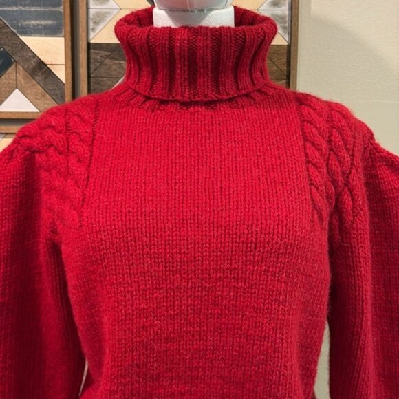 Vintage Ralph Lauren Hand Knit Wool Puff Sleeve Turtleneck Sweater Red Large - Picture 2 of 11